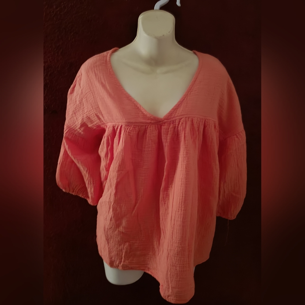 Ces femme v-neckline baby doll cotton gauze coral blouse size L